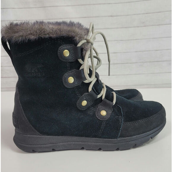 SOREL Explorer Joan Suede Winter Boots in Black/Dark Stone, sz 9 - Picture 1 of 15